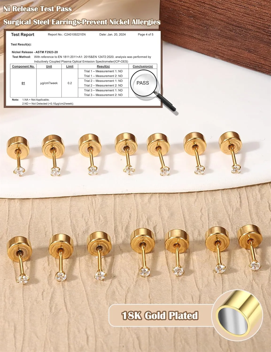 18K Gold Plated 5A Cubic Zirconia Threadless Flat Back Earrings - Surgical Stainless Steel Simulated Diamond Studs for Women & Men - Dainty Push Pin Cartilage Earrings - Hypoallergenic