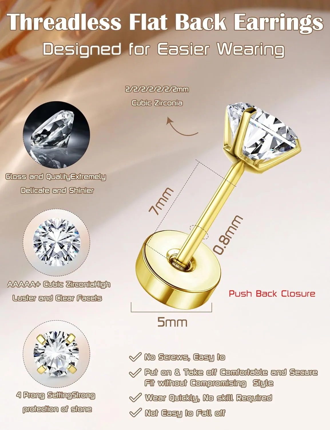 18K Gold Plated 5A Cubic Zirconia Threadless Flat Back Earrings - Surgical Stainless Steel Simulated Diamond Studs for Women & Men - Dainty Push Pin Cartilage Earrings - Hypoallergenic
