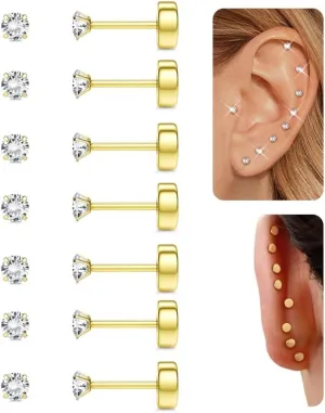 18K Gold Plated 5A Cubic Zirconia Threadless Flat Back Earrings - Surgical Stainless Steel Simulated Diamond Studs for Women & Men - Dainty Push Pin Cartilage Earrings - Hypoallergenic