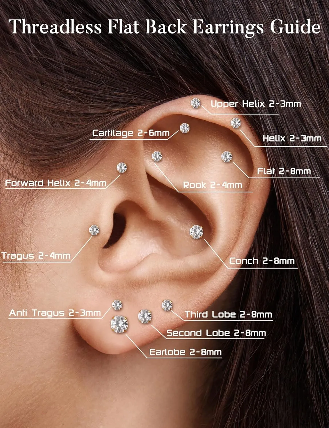 18K Gold Plated 5A Cubic Zirconia Threadless Flat Back Earrings - Surgical Stainless Steel Simulated Diamond Studs for Women & Men - Dainty Push Pin Cartilage Earrings - Hypoallergenic