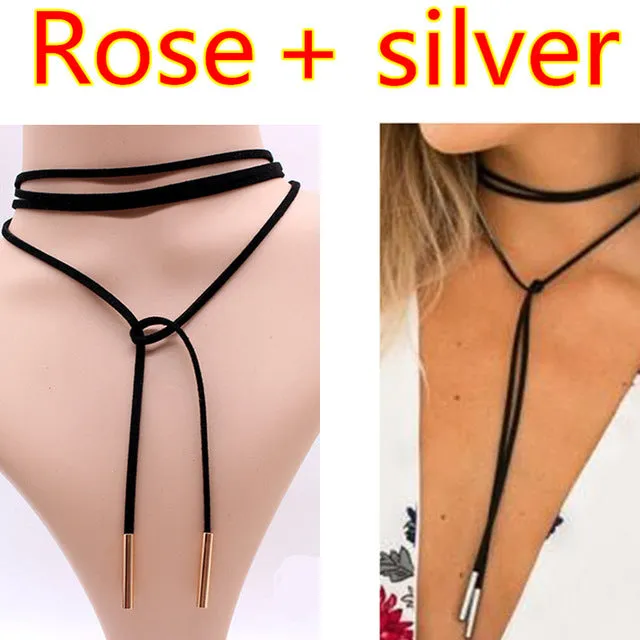 2PCS 2017 New choker necklace black leather punk korea Long Rope chain collier femme sexy statement steampunk Tube velvet choker