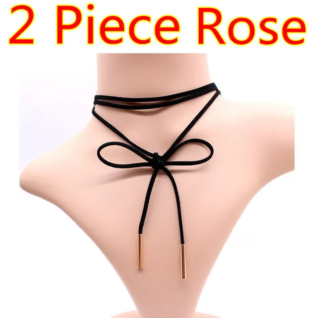 2PCS 2017 New choker necklace black leather punk korea Long Rope chain collier femme sexy statement steampunk Tube velvet choker