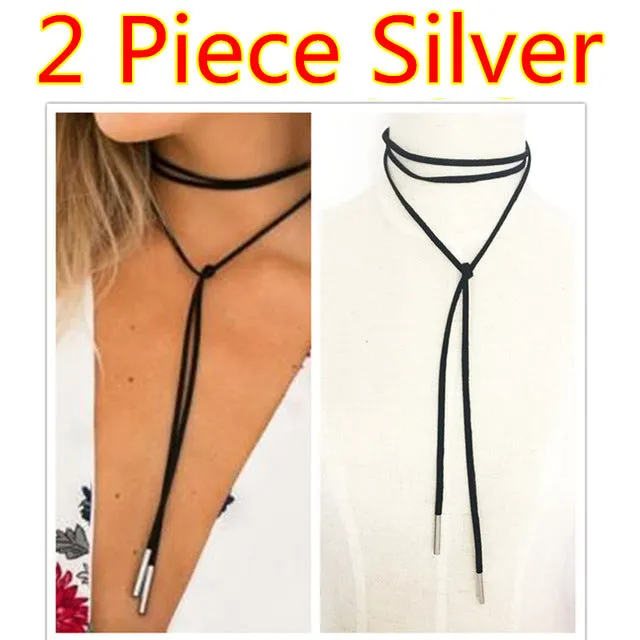 2PCS 2017 New choker necklace black leather punk korea Long Rope chain collier femme sexy statement steampunk Tube velvet choker