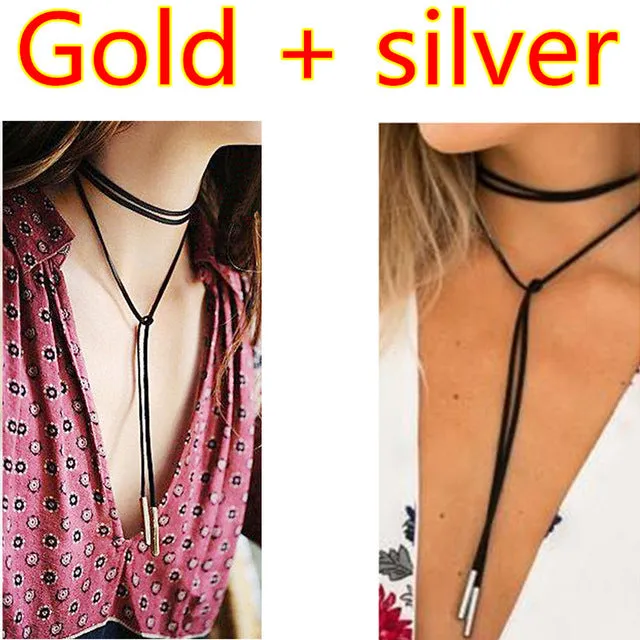2PCS 2017 New choker necklace black leather punk korea Long Rope chain collier femme sexy statement steampunk Tube velvet choker