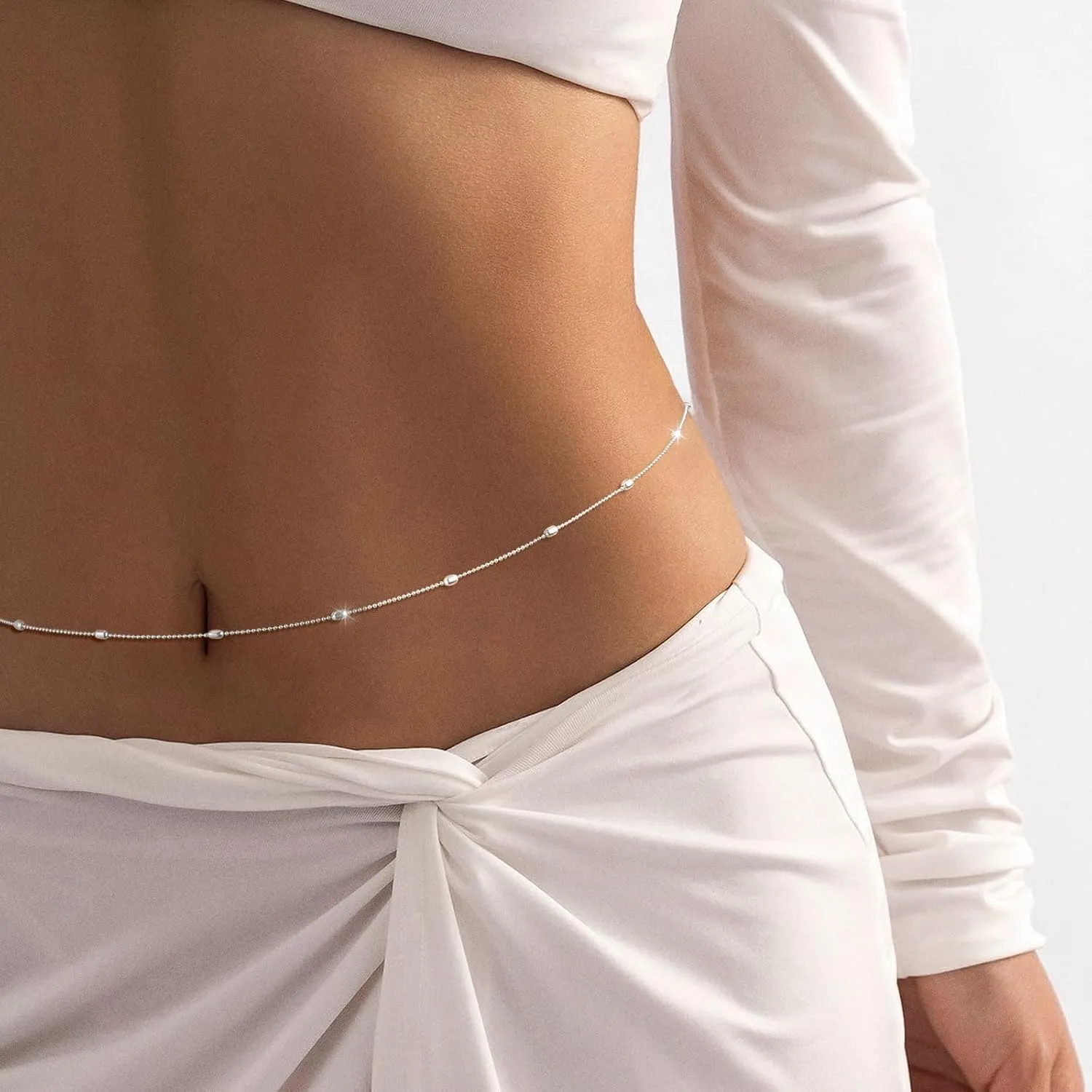 2PCS Gold Silver Waist Chain Adjustable Layered Belly Chain Body Chain Jewelry for Women Sexy Bikini Beach Boho Pearl Beaded Cuban Satellite Waist Chains