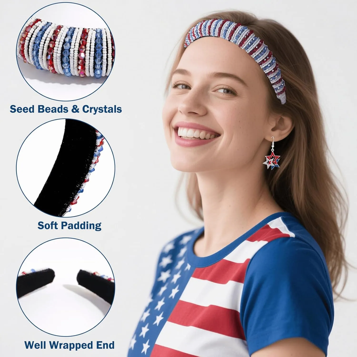 4th of July Headband and Earrings for Women Girls Patriotic Earrings Red White and Blue Headband American Flag USA Independence Day Hairband Hair Accessories (Pearl, One Size)