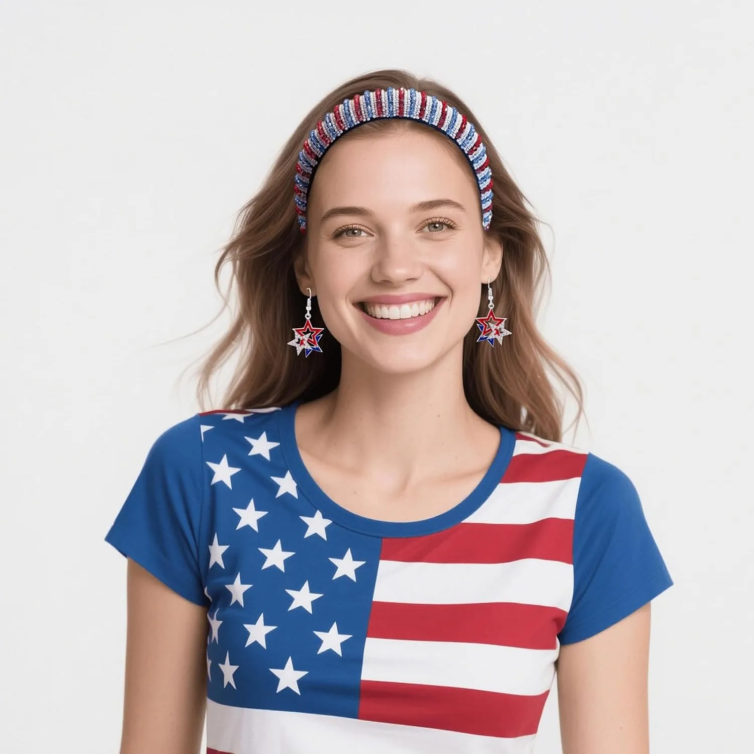 4th of July Headband and Earrings for Women Girls Patriotic Earrings Red White and Blue Headband American Flag USA Independence Day Hairband Hair Accessories (Pearl, One Size)