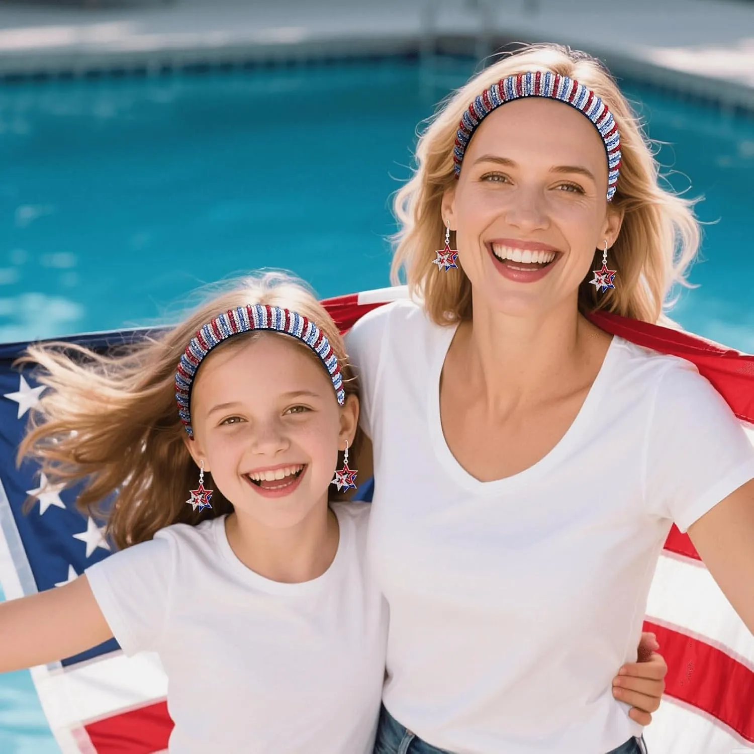 4th of July Headband and Earrings for Women Girls Patriotic Earrings Red White and Blue Headband American Flag USA Independence Day Hairband Hair Accessories (Pearl, One Size)