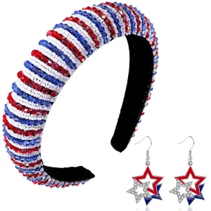 4th of July Headband and Earrings for Women Girls Patriotic Earrings Red White and Blue Headband American Flag USA Independence Day Hairband Hair Accessories (Pearl, One Size)