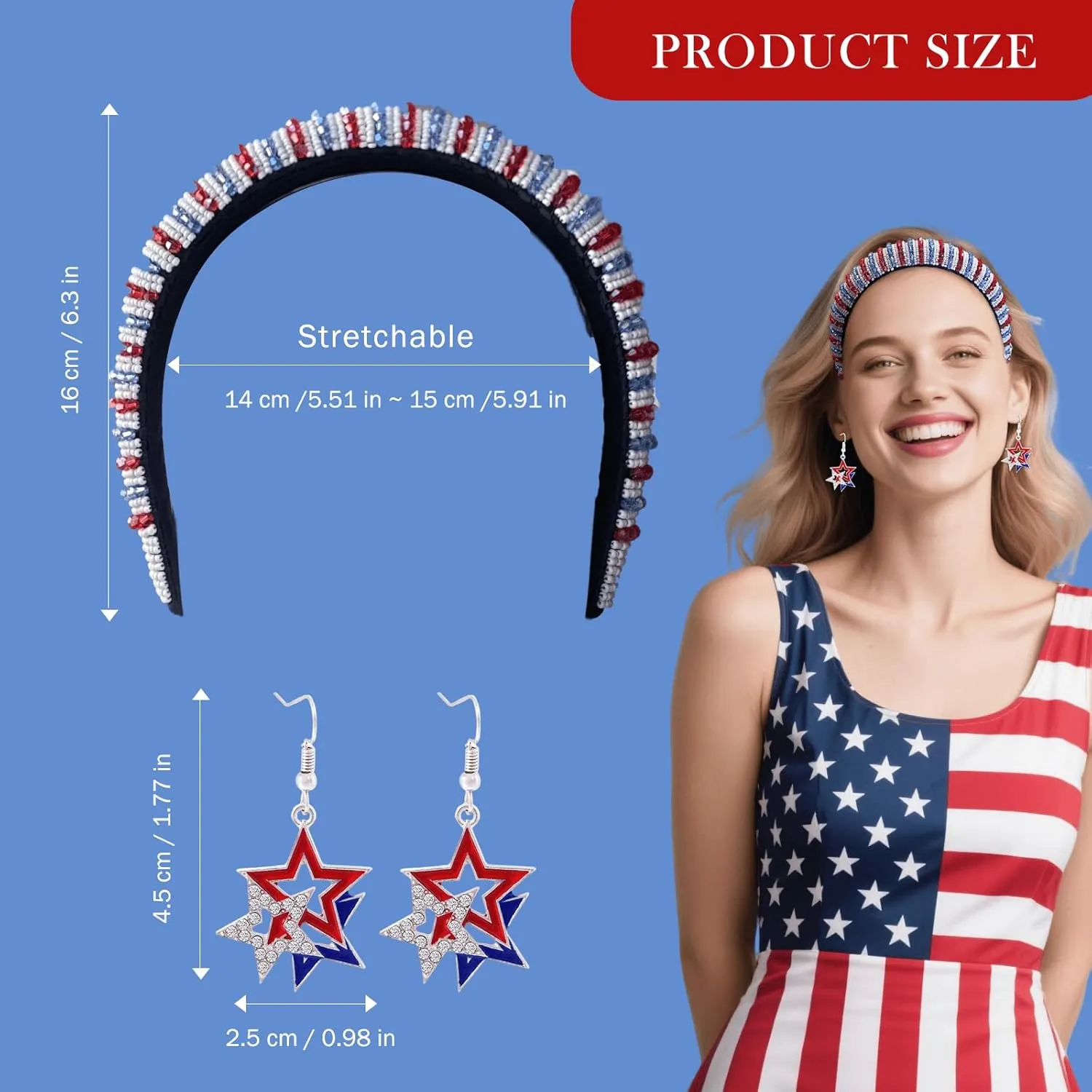 4th of July Headband and Earrings for Women Girls Patriotic Earrings Red White and Blue Headband American Flag USA Independence Day Hairband Hair Accessories (Pearl, One Size)