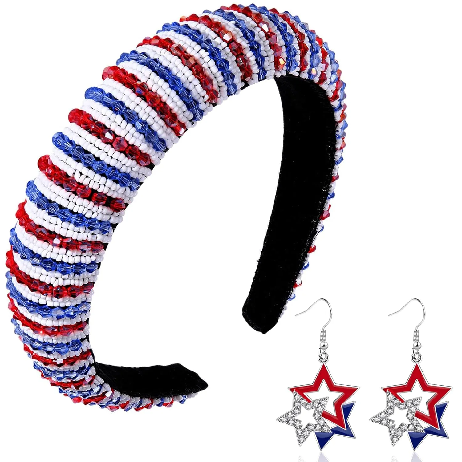 4th of July Headband and Earrings for Women Girls Patriotic Earrings Red White and Blue Headband American Flag USA Independence Day Hairband Hair Accessories (Pearl, One Size)