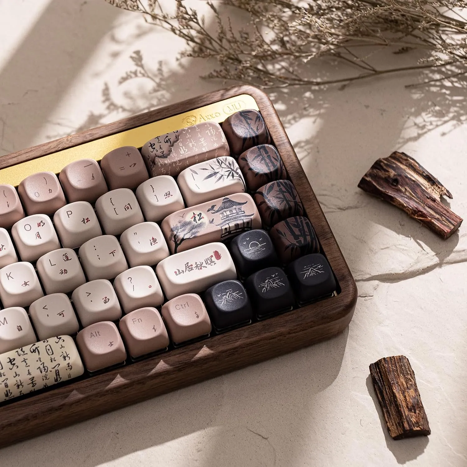 Akko Mechanical Gaming Keyboard with Walnut Wooden Case, MU01 Mountain Seclusion 65% 68-Key RGB 2.4G Wireless/Bluetooth/Wired Hot-swappable Keyboard with PBT Dye-Sub Keycaps for Mac & Win