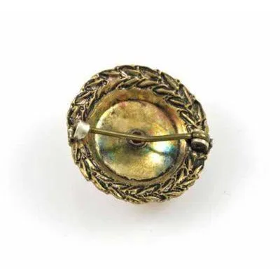 Antique  Brooch Carved Coral Plastic Round In Brass Set Victorian