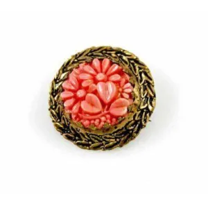 Antique  Brooch Carved Coral Plastic Round In Brass Set Victorian