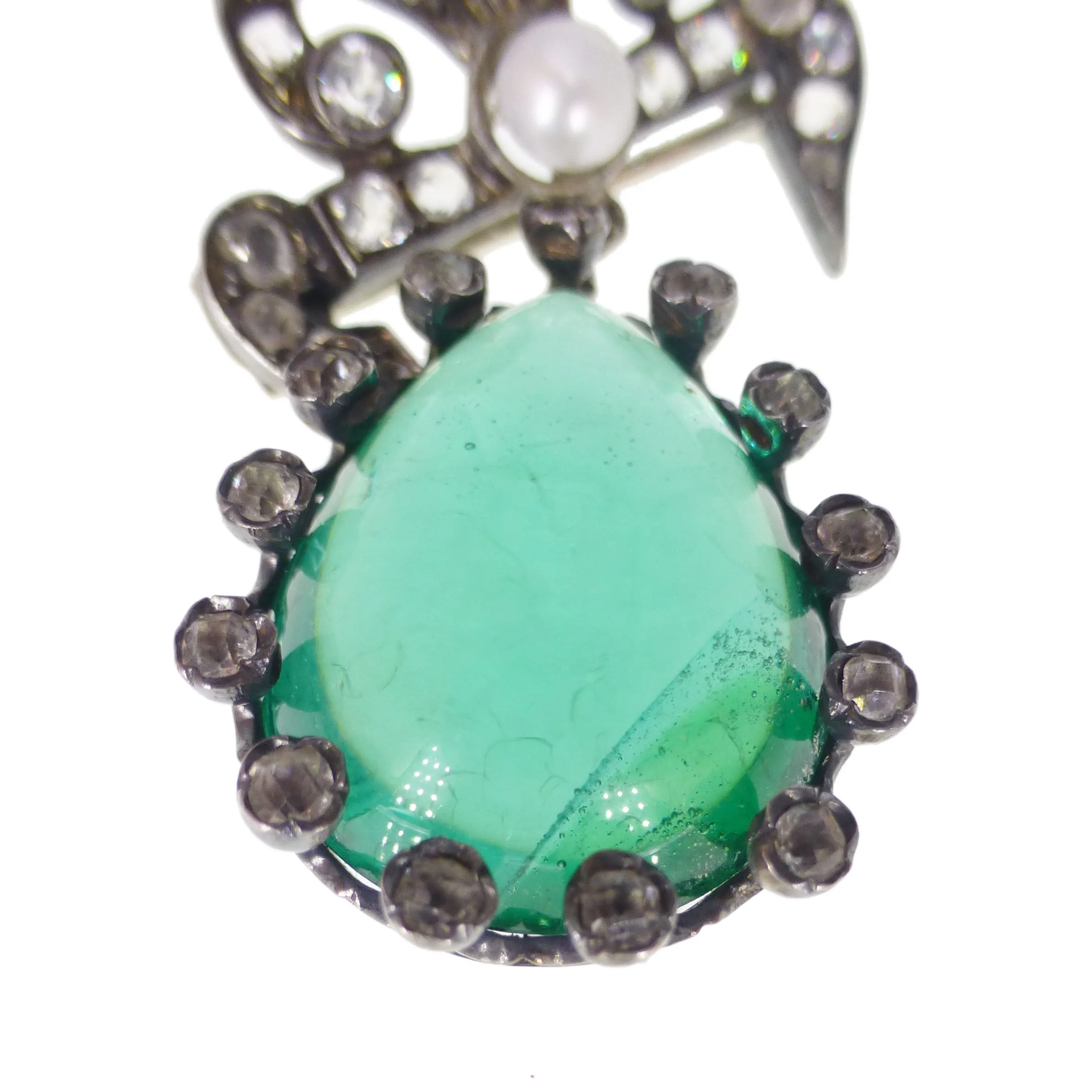 Antique French Silver Paste Green Poured Glass Brooch