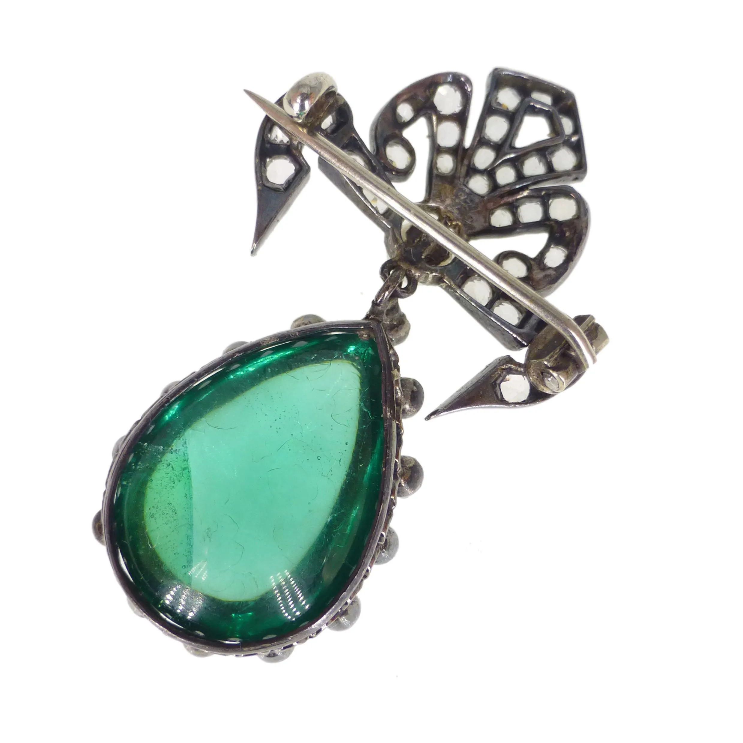 Antique French Silver Paste Green Poured Glass Brooch