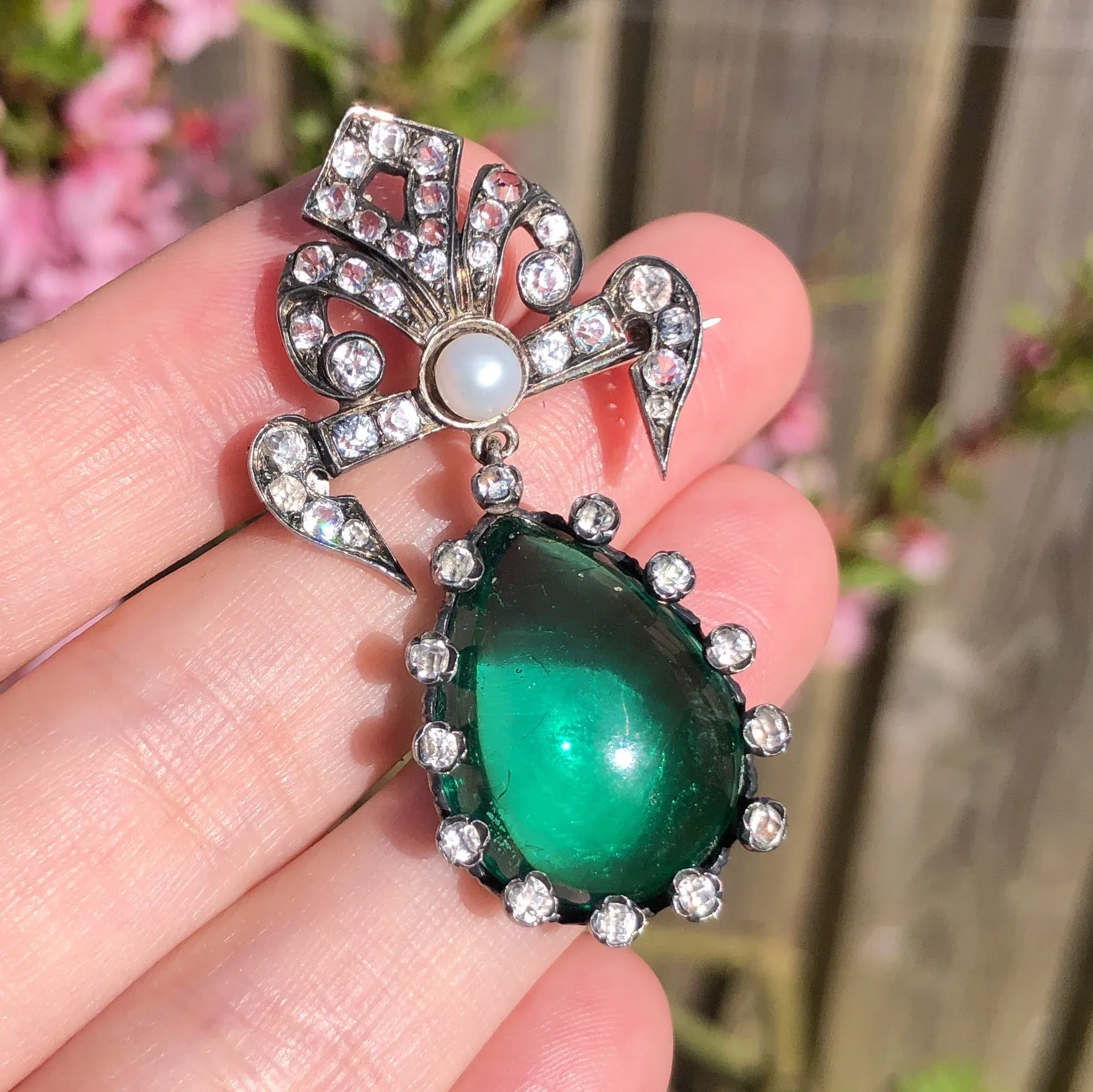 Antique French Silver Paste Green Poured Glass Brooch
