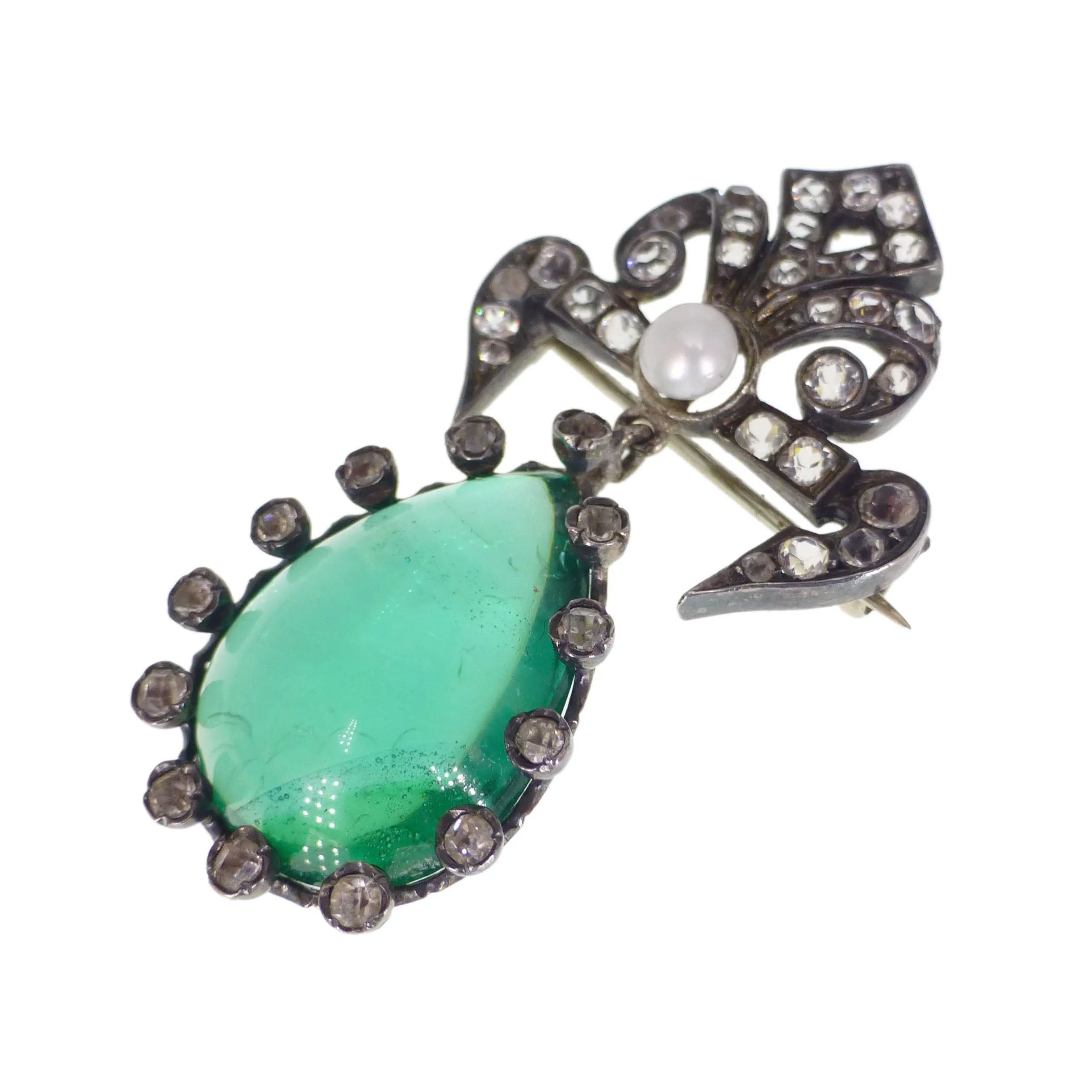 Antique French Silver Paste Green Poured Glass Brooch