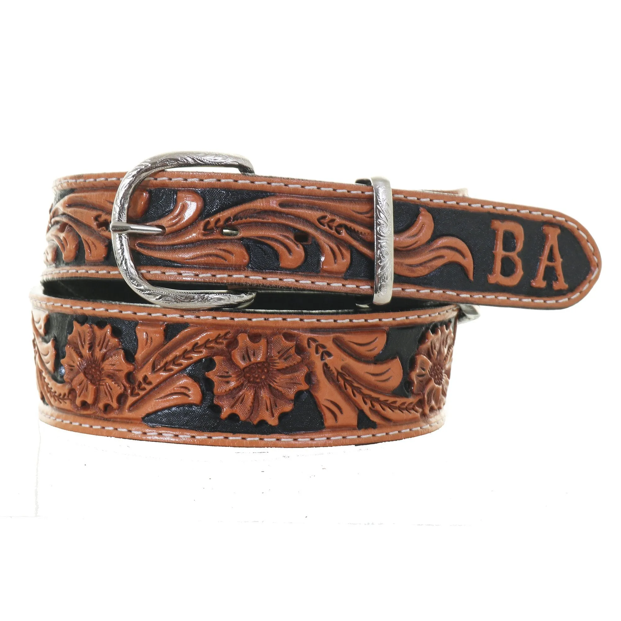 B027D - Floral Tooled Tapered Belt with Initials