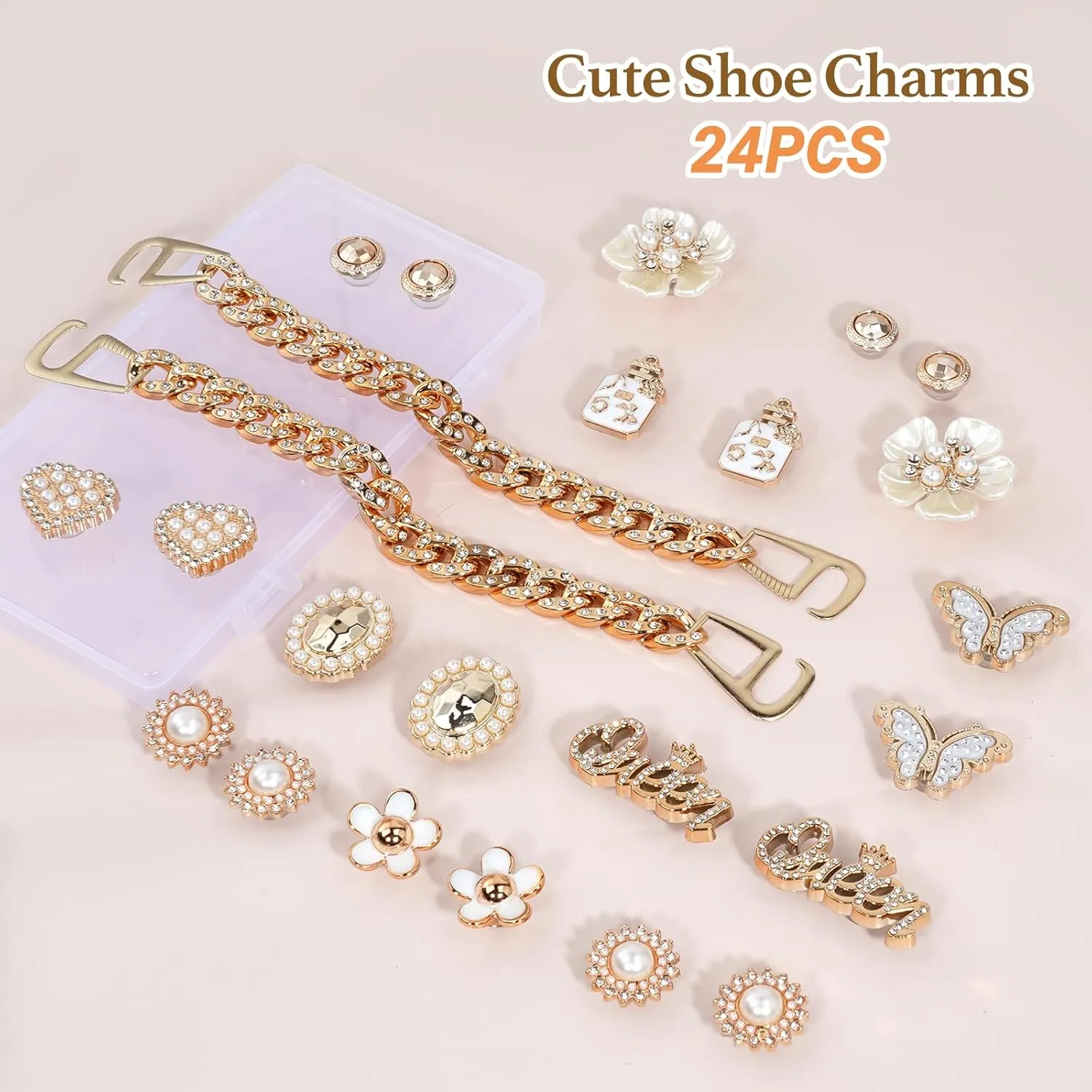 Bling Shoe Charms for Girls and Women, Girly Gold Shoe Charms for Crocs, 24 PCS Glitter Shoe Charms Bulk, Shoe Chains Shoe Pins, Shoe Accessories, Rhinestones Shoe Decoration