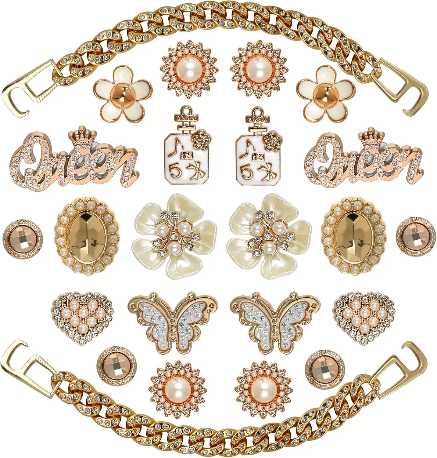 Bling Shoe Charms for Girls and Women, Girly Gold Shoe Charms for Crocs, 24 PCS Glitter Shoe Charms Bulk, Shoe Chains Shoe Pins, Shoe Accessories, Rhinestones Shoe Decoration