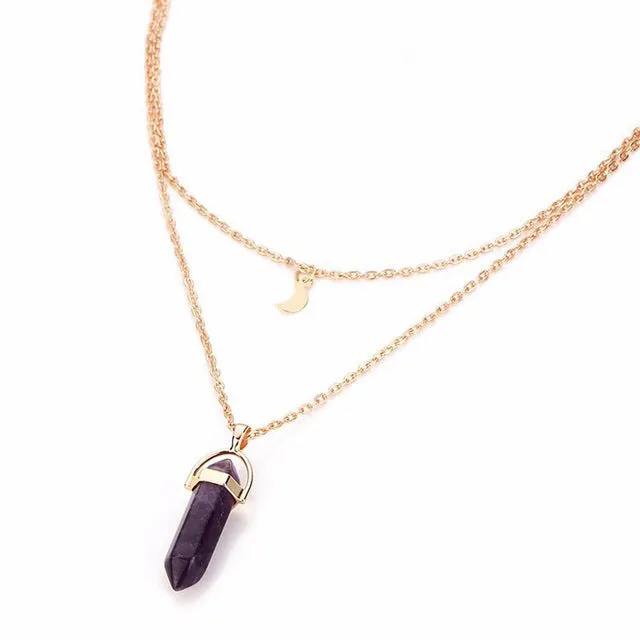 Bullet Shaped Natural Stone Pendants Necklaces For Women Gold-color Double Layer Moon Chokers Hexagonal Column  colar