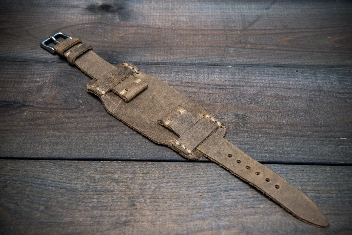 Bund-style Leather Watch Strap, Aviator model, Horween Military Olive