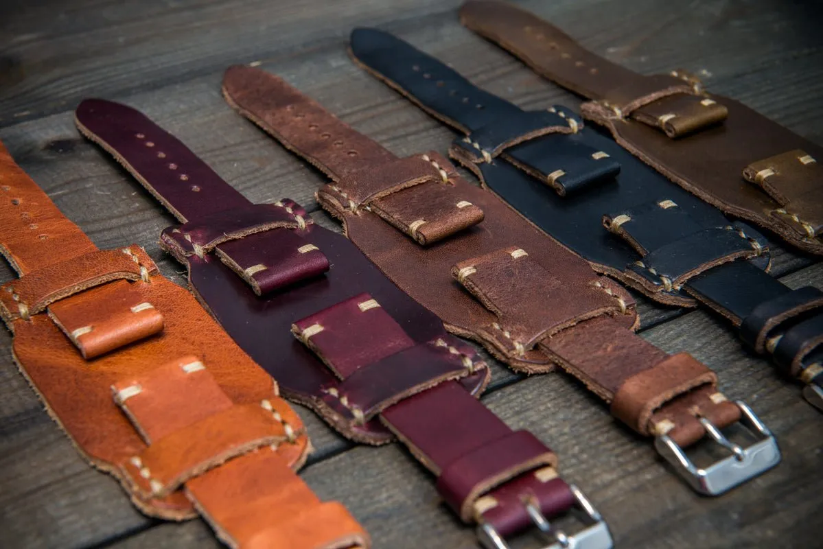 Bund-style Leather Watch Strap, Aviator model, Horween Military Olive