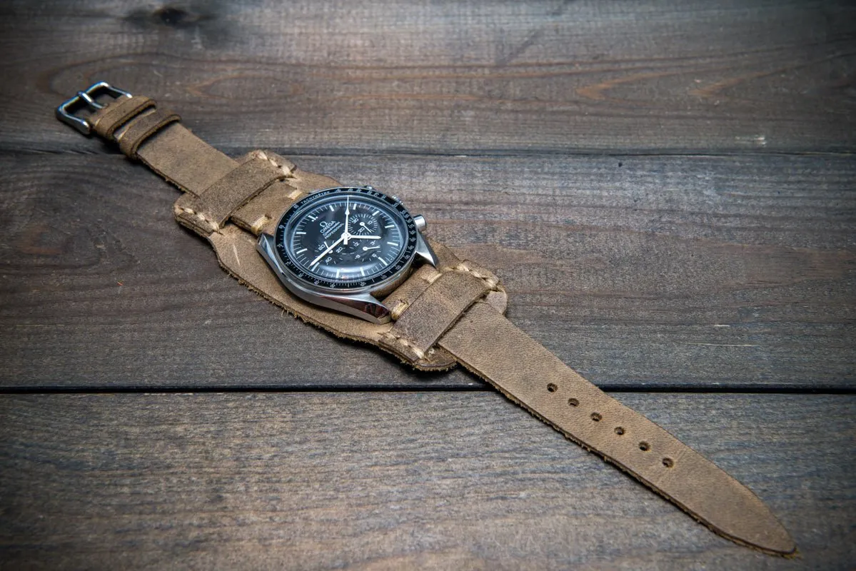 Bund-style Leather Watch Strap, Aviator model, Horween Military Olive