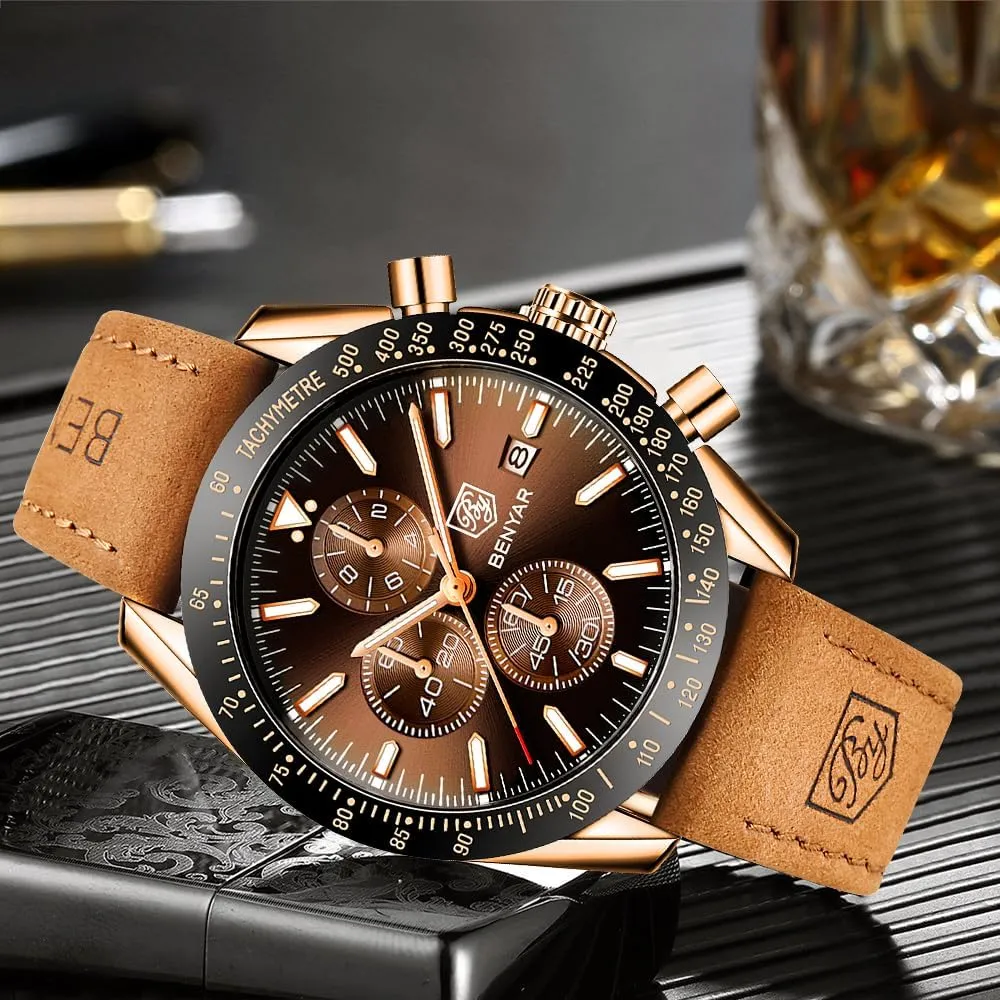 BY BENYAR Mens Watches Analog Quartz Chronograph Waterproof Men's Wrist Watches Business Casual Fashion Classic Designer Elegant Dress Watch with Calendar Leather/Stainless Steel Strap Gifts for Men