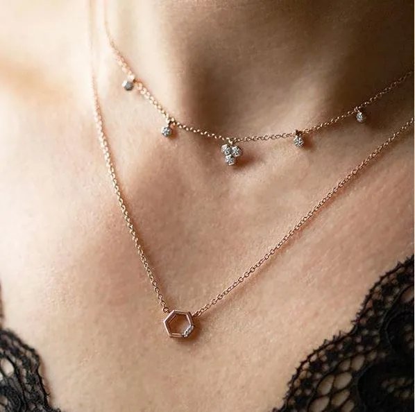 Diamant Pave Hexagon Halskette in 9ct Rose Gold