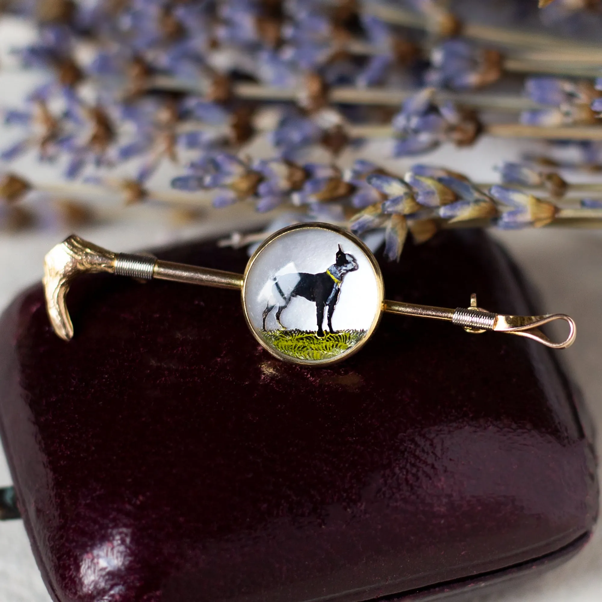 Edwardian Essex Crystal Reverse Intaglio Dog & Hunt Whip Brooch