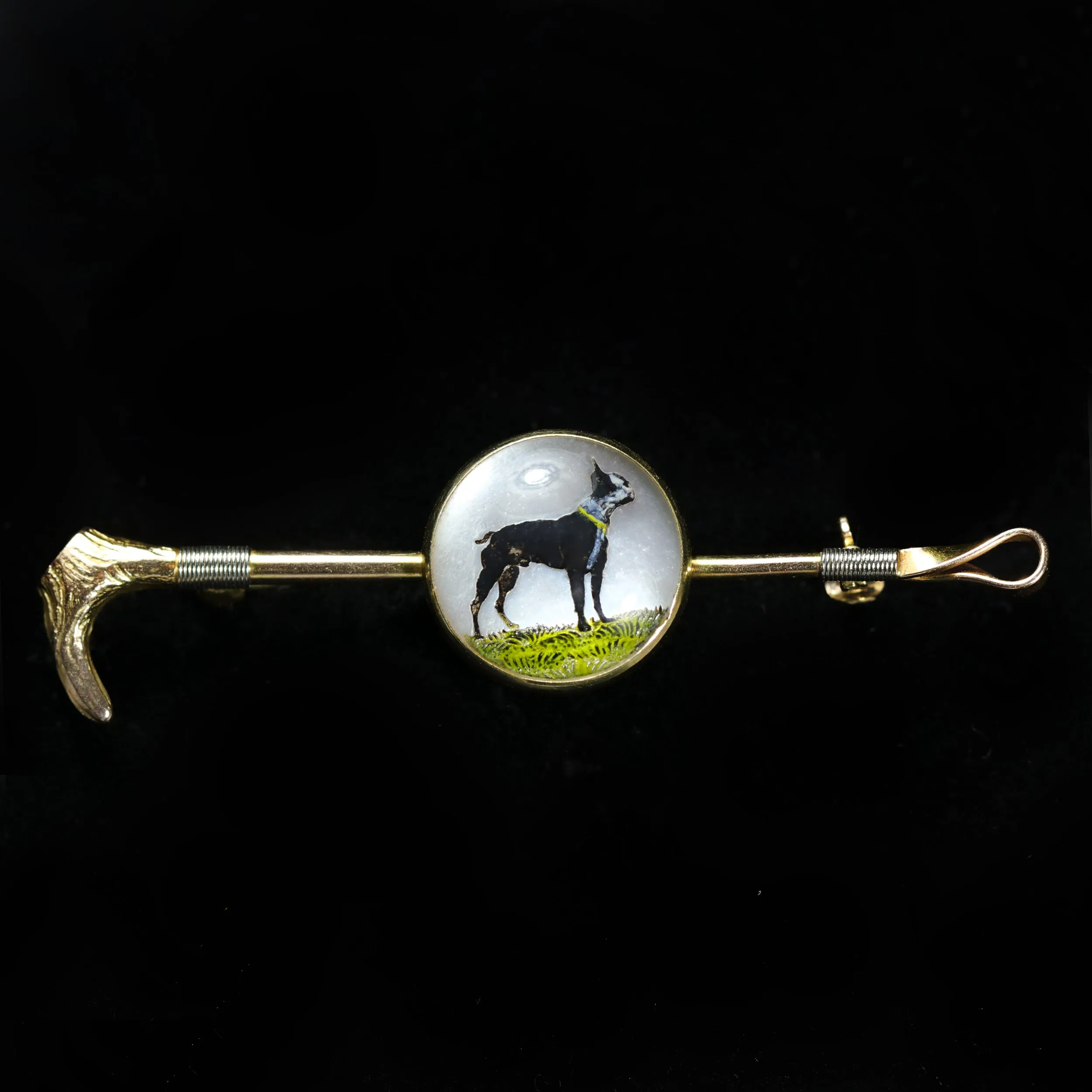 Edwardian Essex Crystal Reverse Intaglio Dog & Hunt Whip Brooch