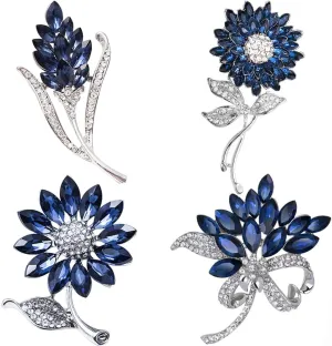 Ezing 4pcs Silver Plated Crystal Rhinestone Glass Brooch Pins Clothes Accessories