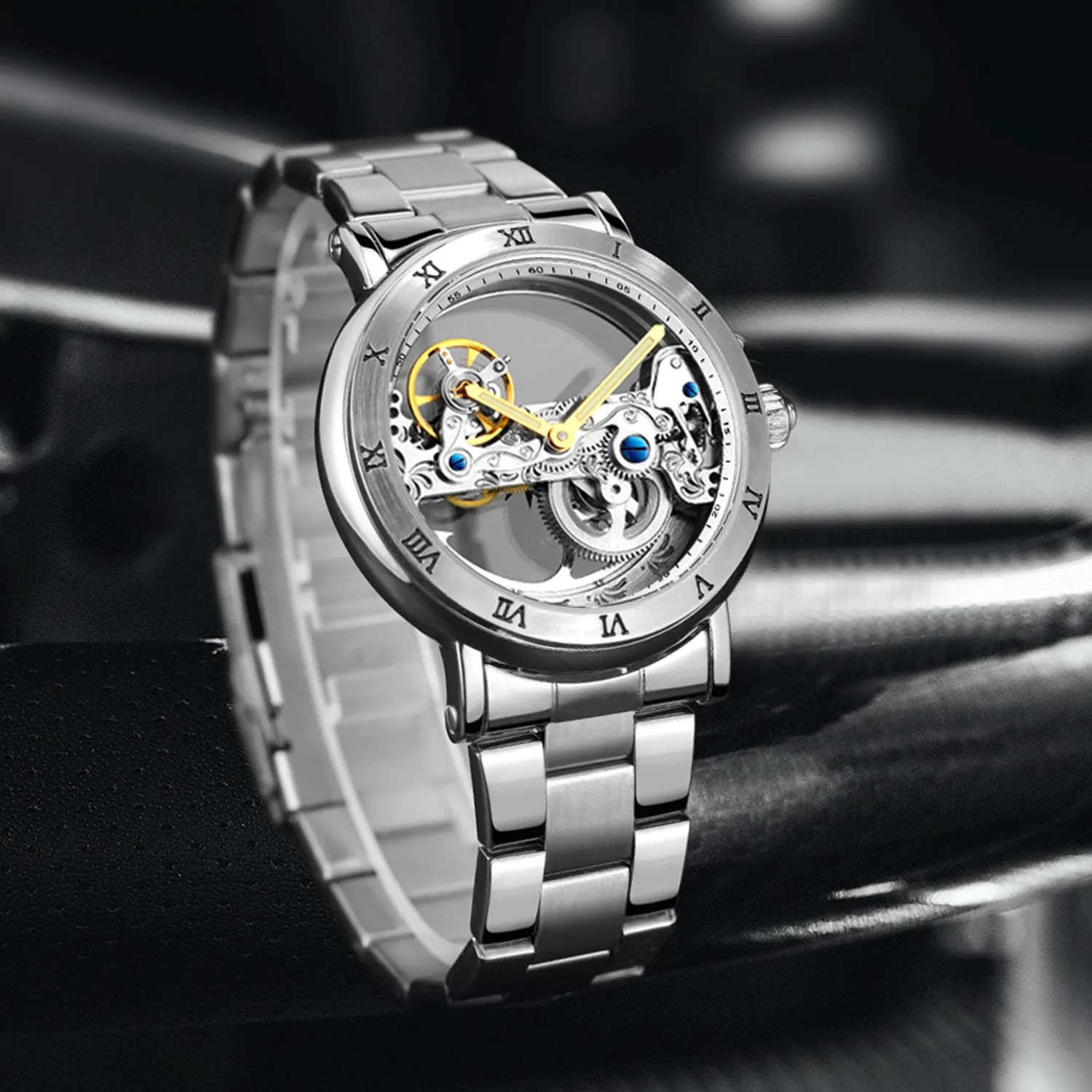 Forsining Golden Bridge Skeleton Automatic Mechanical Watches for Men Engraved Movement FS 225