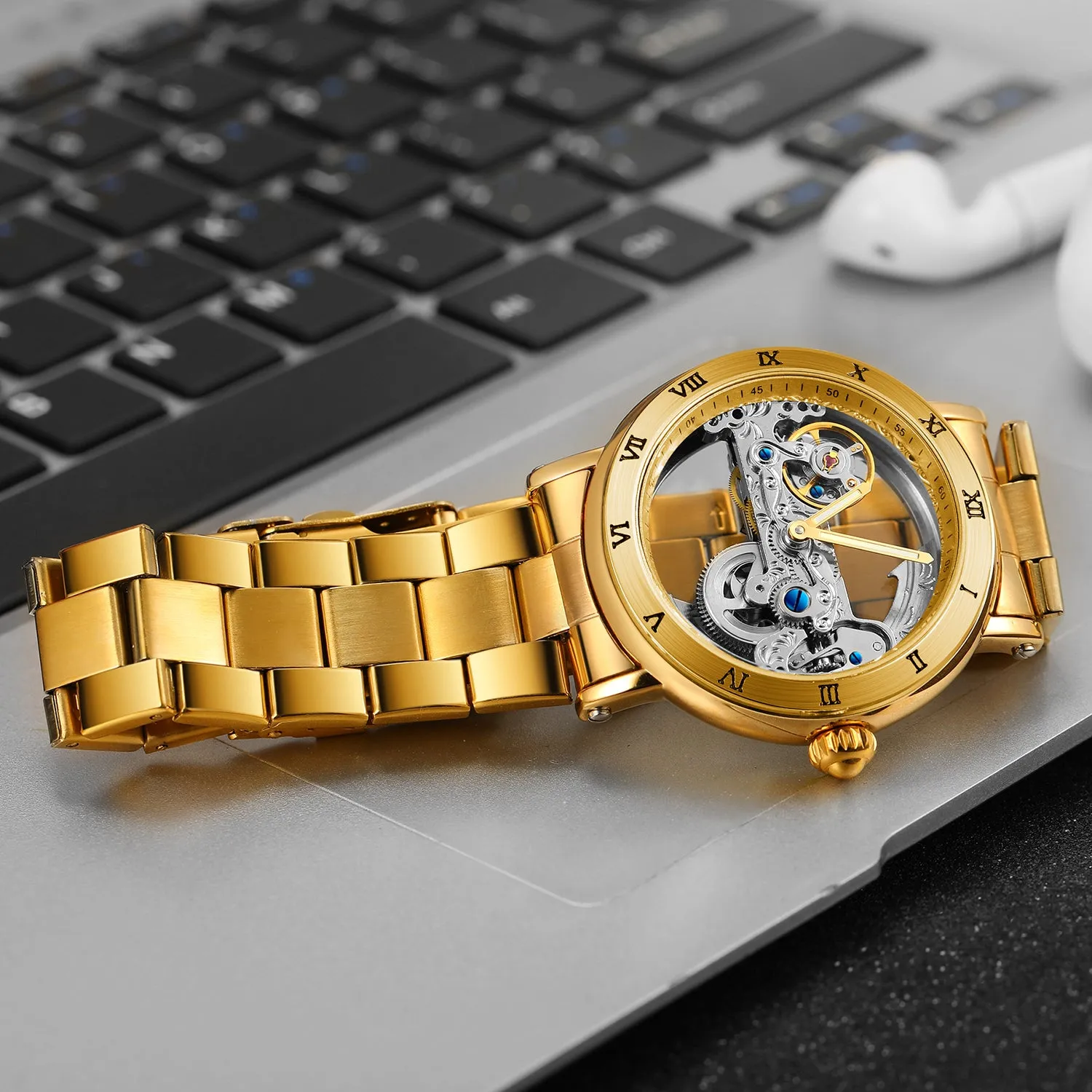 Forsining Golden Bridge Skeleton Automatic Mechanical Watches for Men Engraved Movement FS 225