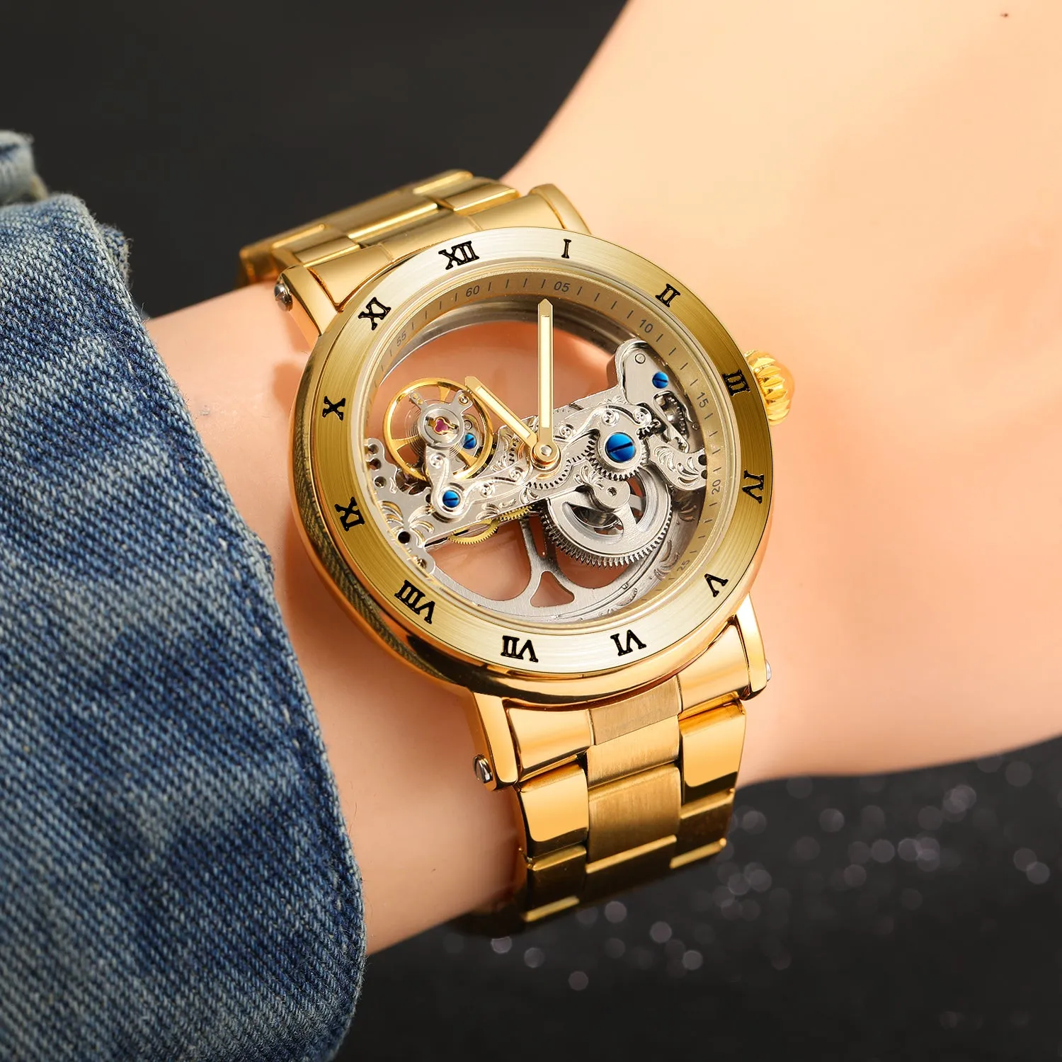 Forsining Golden Bridge Skeleton Automatic Mechanical Watches for Men Engraved Movement FS 225