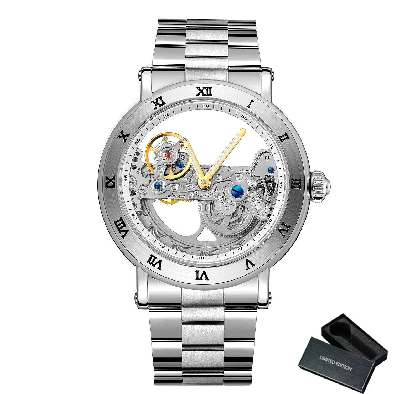 Forsining Golden Bridge Skeleton Automatic Mechanical Watches for Men Engraved Movement FS 225