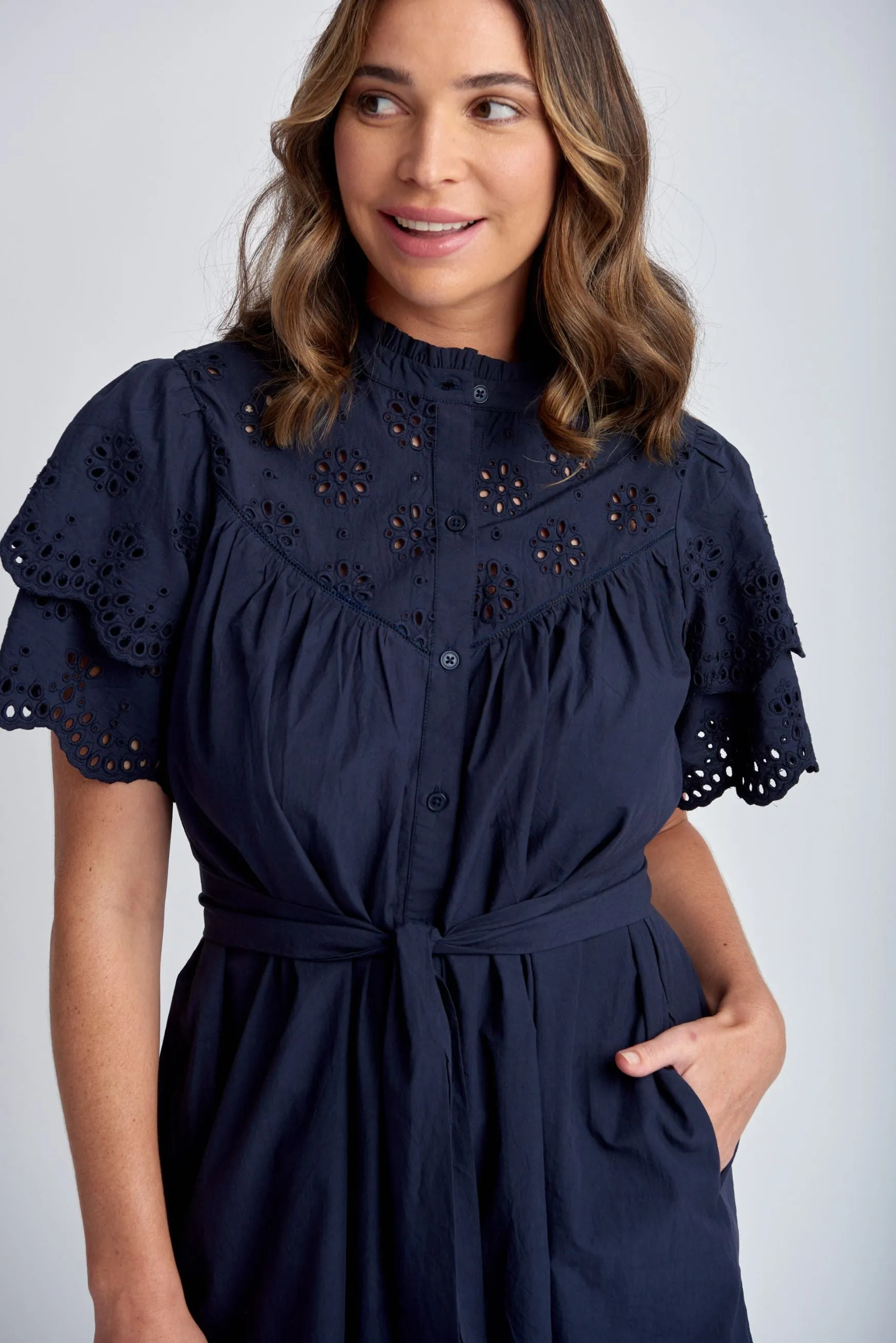 Frill Sleeve Cotton Dress With Belt Navy