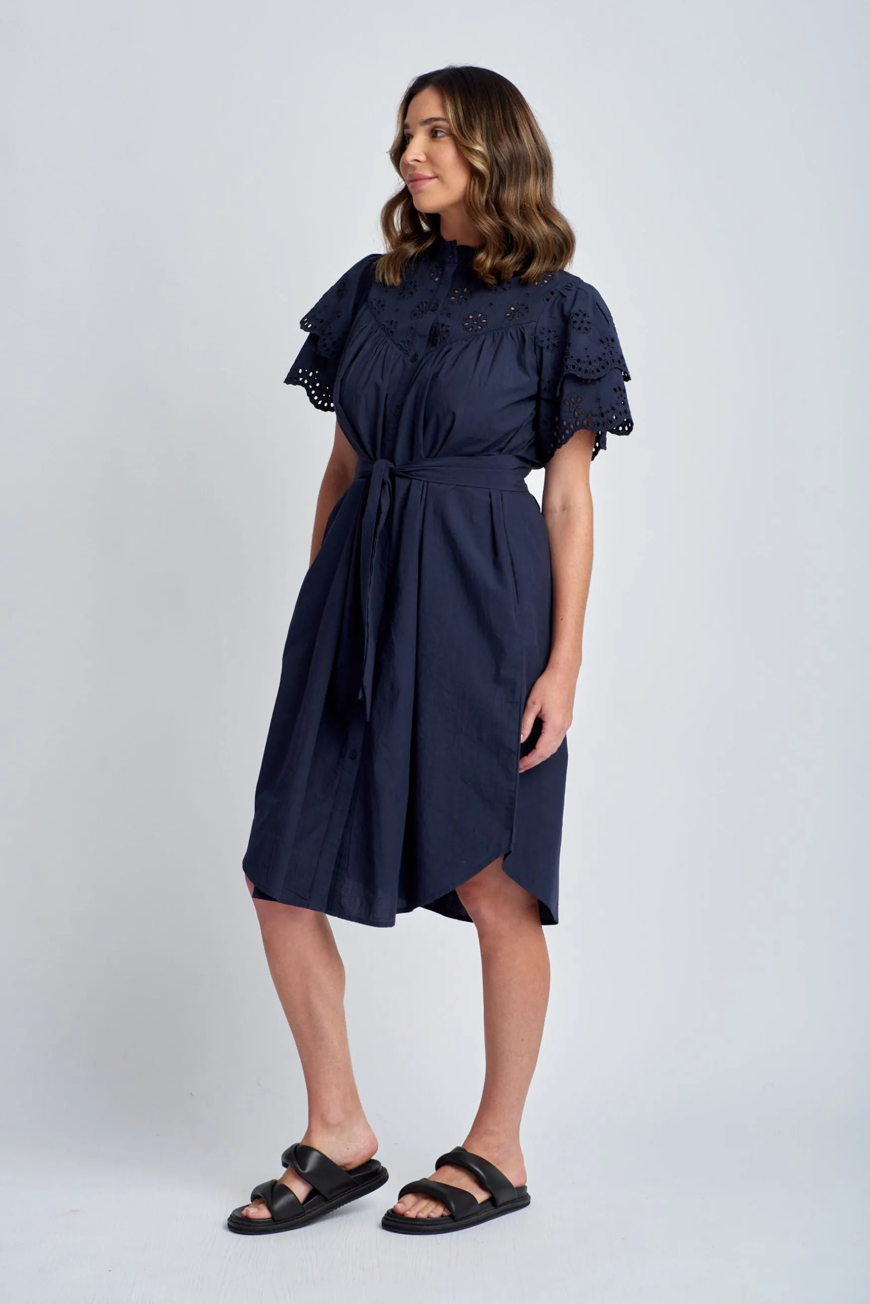 Frill Sleeve Cotton Dress With Belt Navy