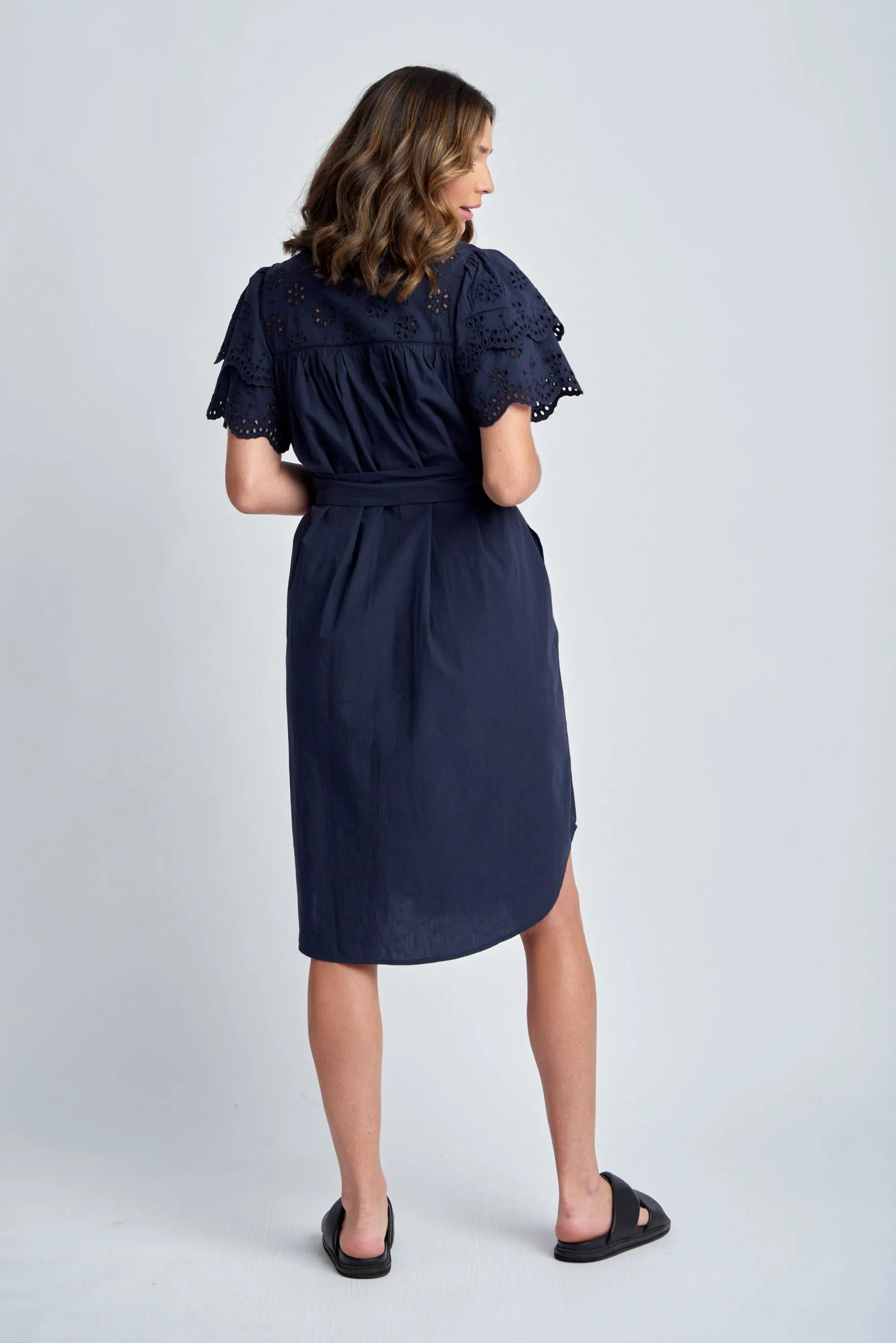 Frill Sleeve Cotton Dress With Belt Navy