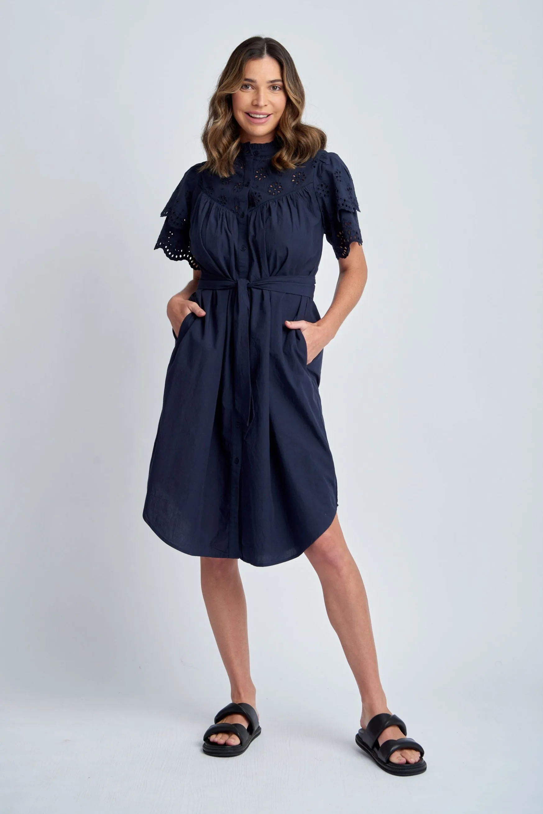 Frill Sleeve Cotton Dress With Belt Navy