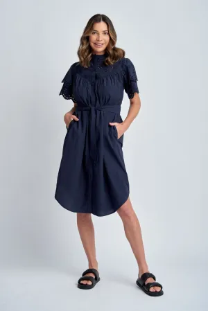 Frill Sleeve Cotton Dress With Belt Navy