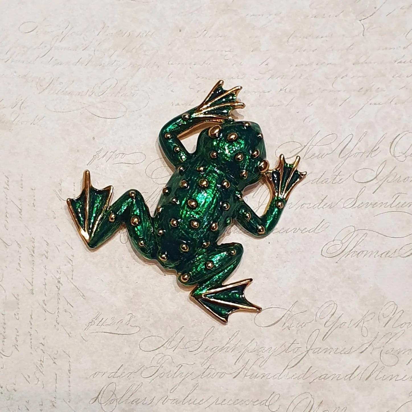 Green and Gold Frog Brooch Pin by Sardi Green Enamel