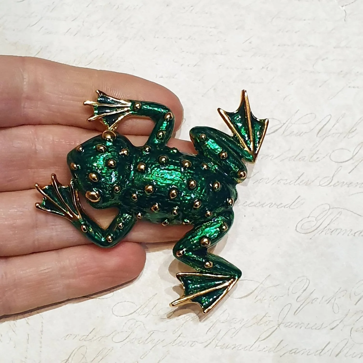 Green and Gold Frog Brooch Pin by Sardi Green Enamel