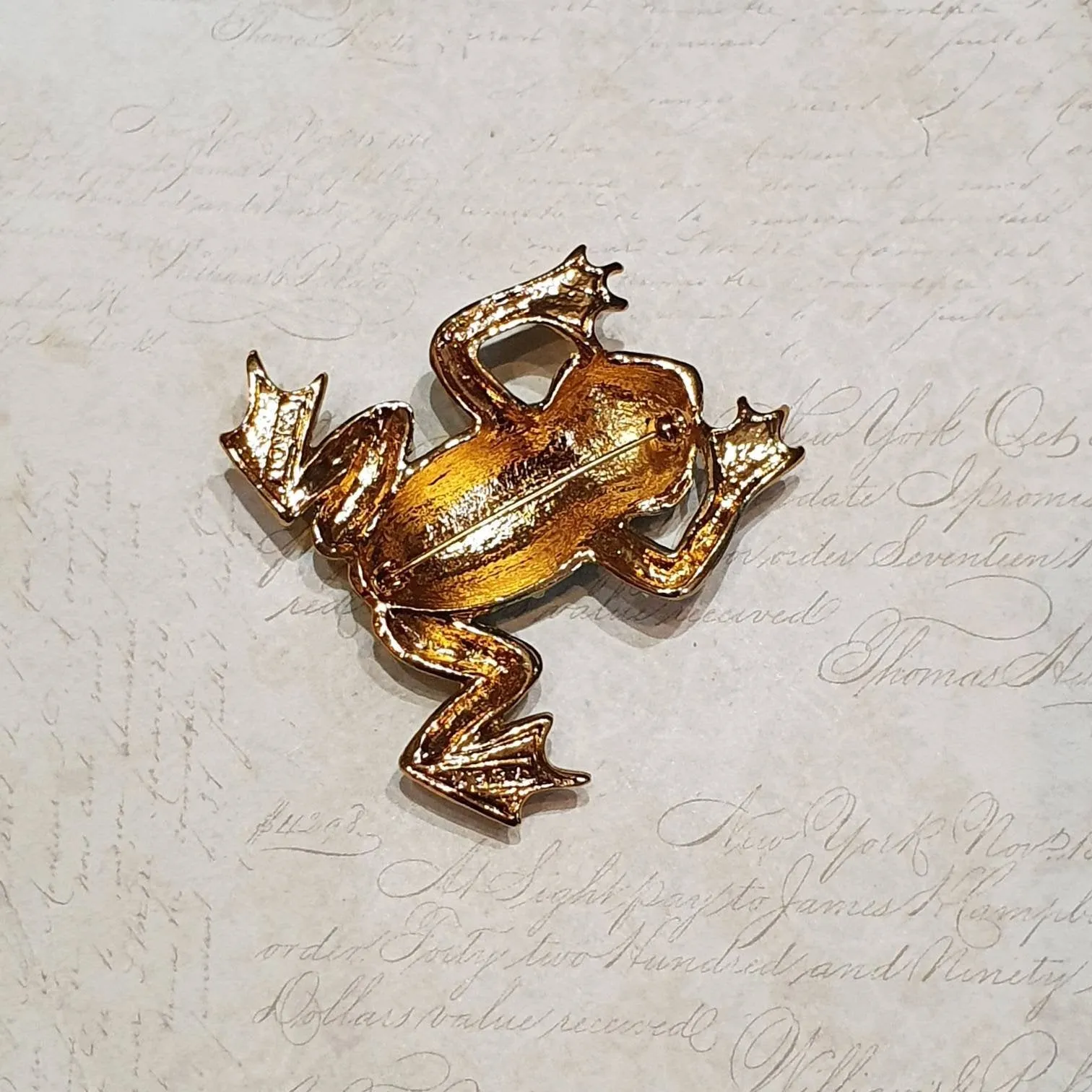 Green and Gold Frog Brooch Pin by Sardi Green Enamel