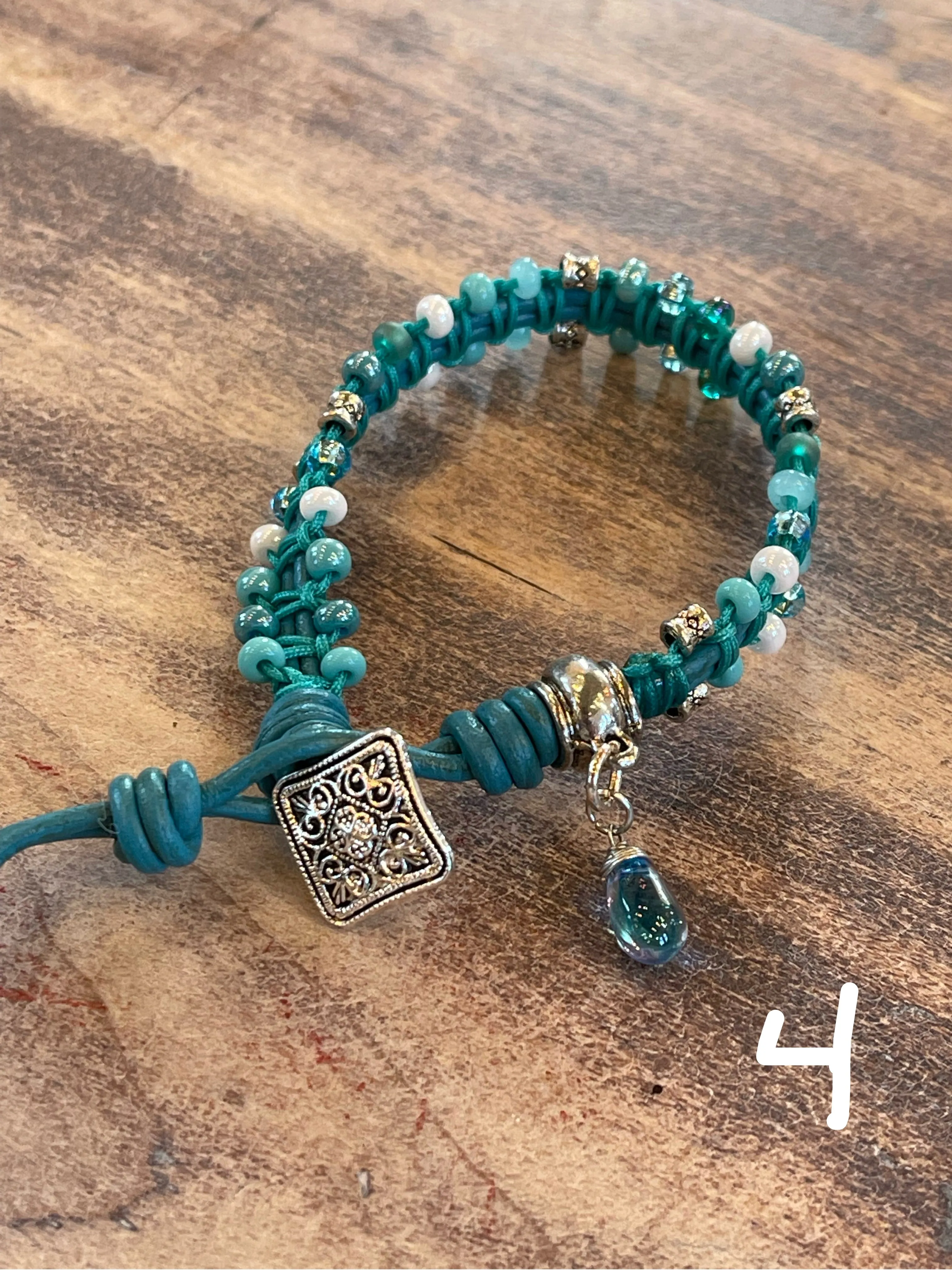 Handmade Leather Beaded Bracelet with charm - Sold Individually