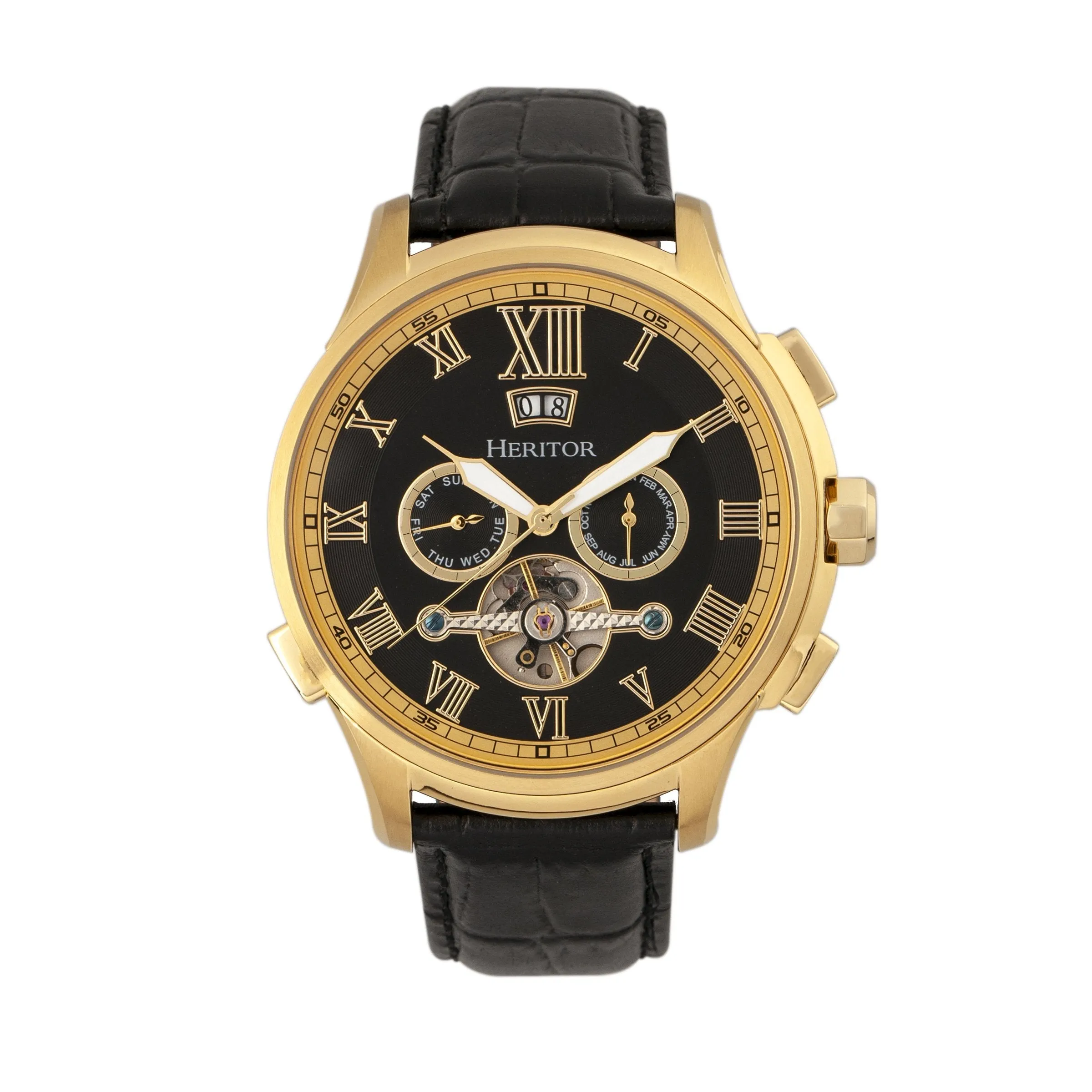 Heritor Automatic Hudson Semi-Skeleton Leather-Band Watch w/Day/Date