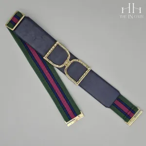 Icon Belt: Gold Stirrup Buckle on Navy Leather with Hunter Green, Blue & Magenta Stripe Elastic