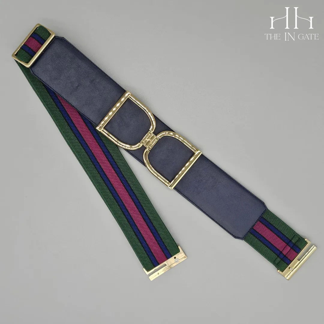 Icon Belt: Gold Stirrup Buckle on Navy Leather with Hunter Green, Blue & Magenta Stripe Elastic